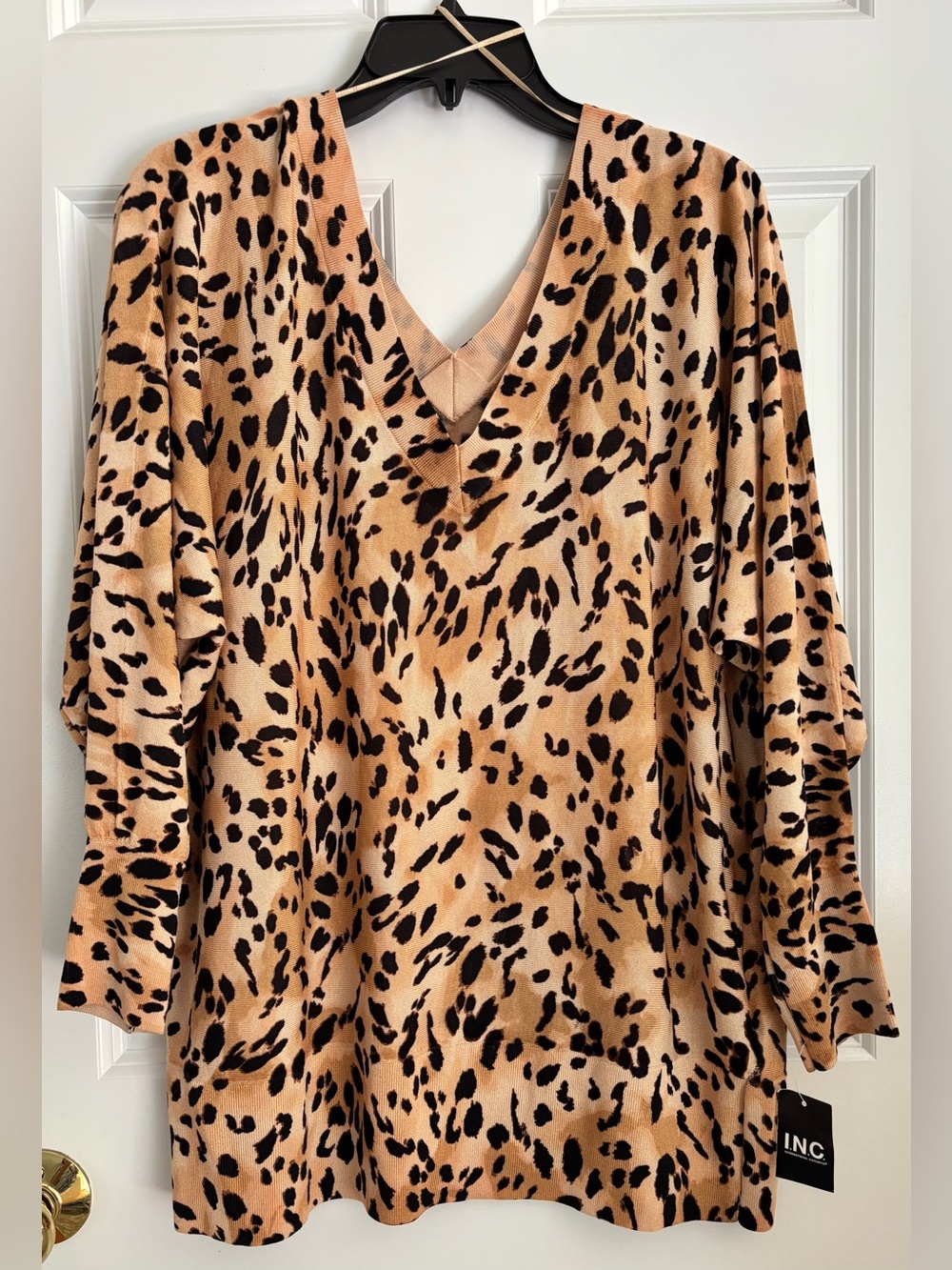 INC International Concepts Tan and Black Leopard V-Neck Pullover